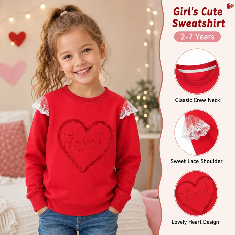 Little Hand Valentine Girls Sweatshirt Red Long‑Sleeve Pullover Lace Ruffle Shoulder & Loved‑Heart Embroidery for 2‑7 Years Kids