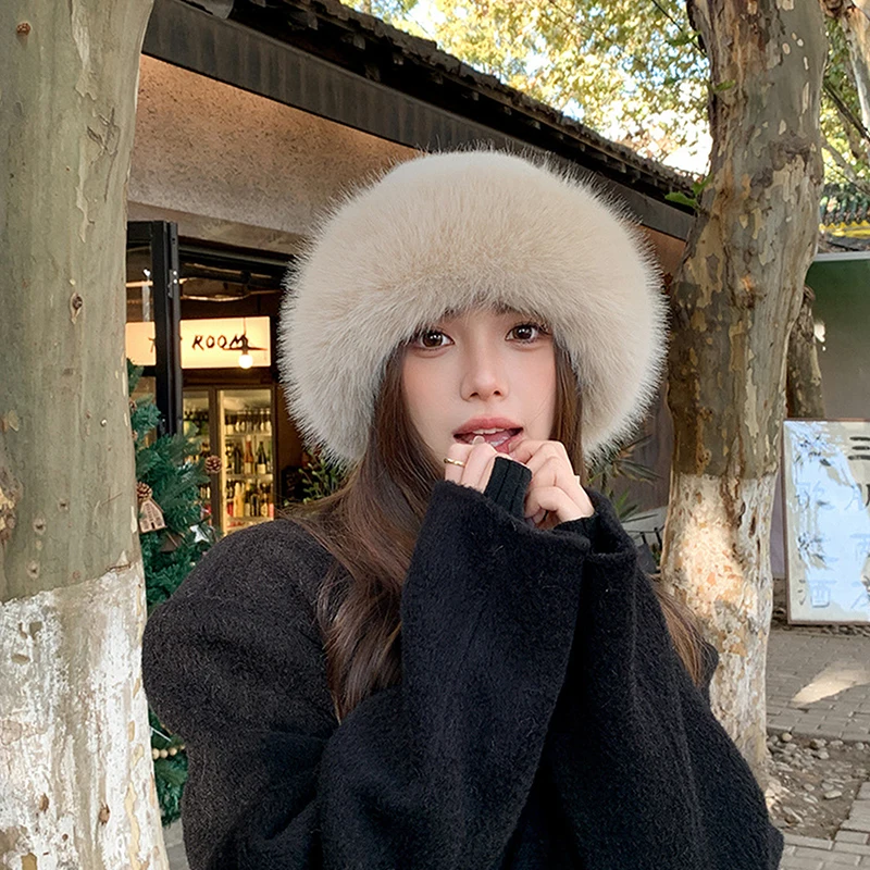 Fluffy Faux Fur Bucket Hat For Women Luxury Plush Fisherman Hat Warm Winter Hat Thicken Cold Snowy Day Panama Cap