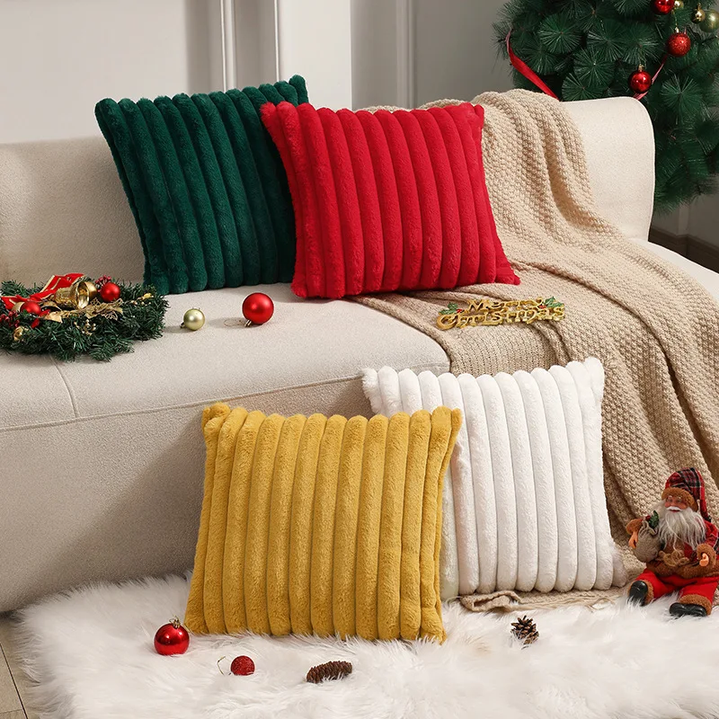Halloween Solid Color Faux Rabbit Fur Long Plush Cushion Cover Christmas Pillowcase Simple Design Soft Fabric Home Decor