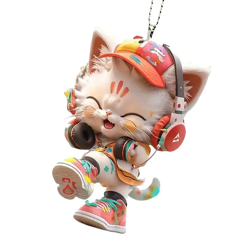 Acrylic Cat Car Ornament Auto Rear View Mirror Accessories Cat Wearing Headphones Cute 2D Acrylic Animal Pendants for Christmas