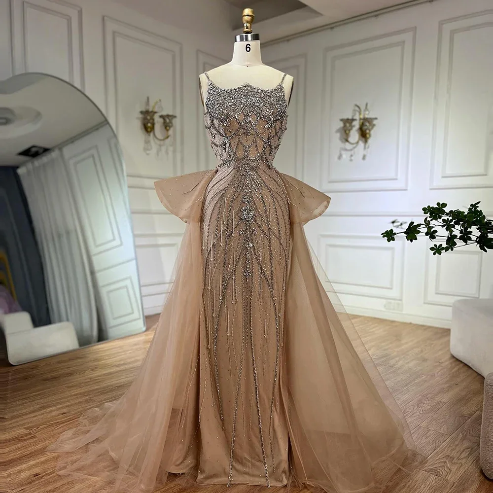 Serene Hill Customized 2025 Nude Saudi Beaded Spaghetti Strap Evening Dresses Gowns with Overskirt for Formal Occasion BLA72810