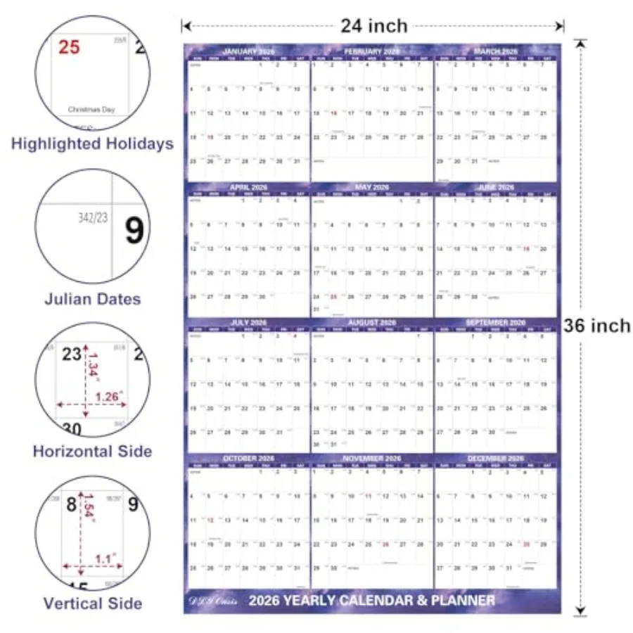 Calendario da parete 24" x 36" 2026 Calendario da parete grande cielo stellato piegato cancellabile a secco 2026 Lamited 12 mesi annuale Y