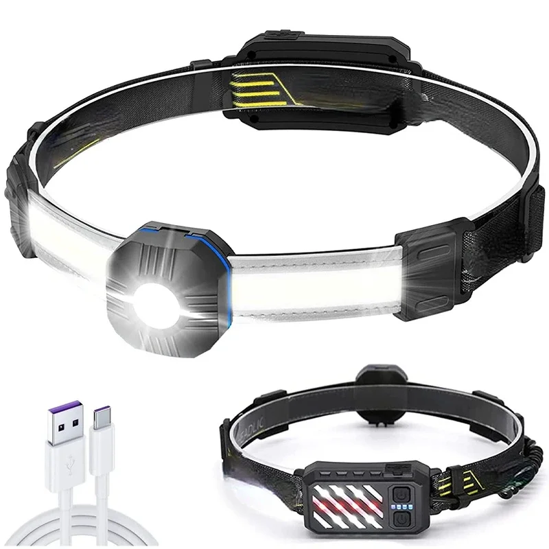 New Waterproof Headlight Adjustable XPG COB LED Head Lamp Torch Rechargeable Headlamp with Tail Red Warning Light