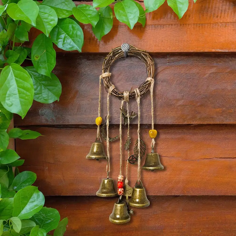 Window Hanging Bell Handmade Brass Bell Witchcraft Door Hanger with Rattan Wreath Wicca Wind Chime Decoration for Home