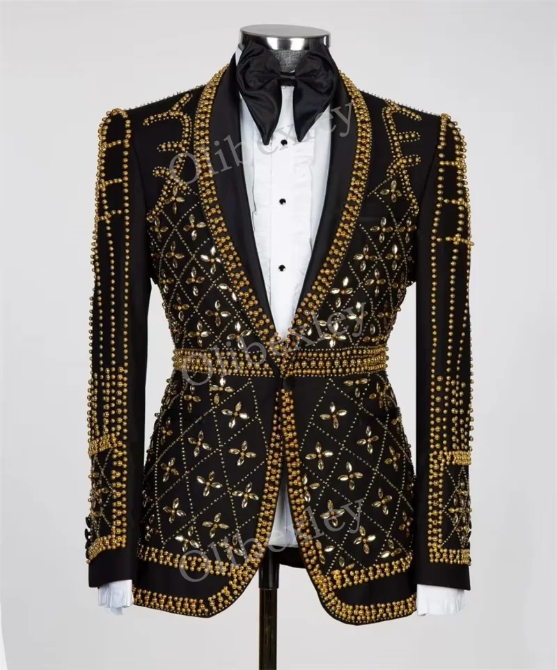 

Customized Men's 2 Piece Slim Fit Tuxedo Set Luxury Formal Business Wedding Groom High Quality Gold beads Suits for Men