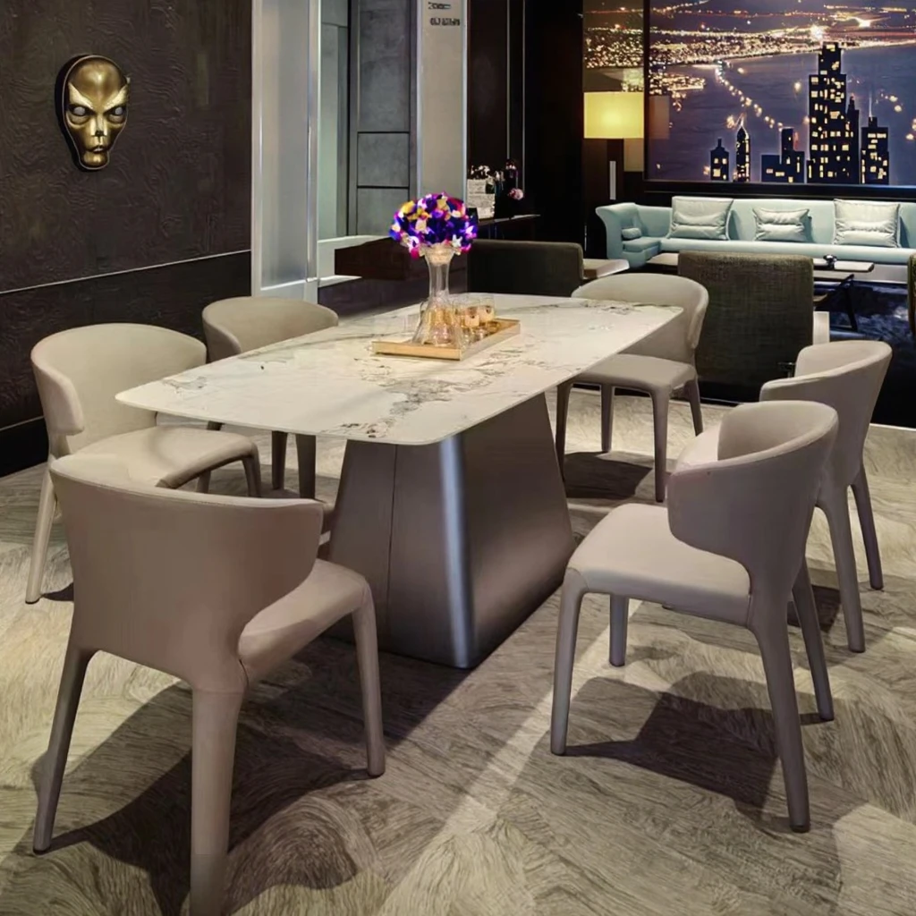 

！@Italian Luxury Dining Table Modern Simple Rock Board Design with Stainless Steel and Rectangular Luxury Stone for Light Villas