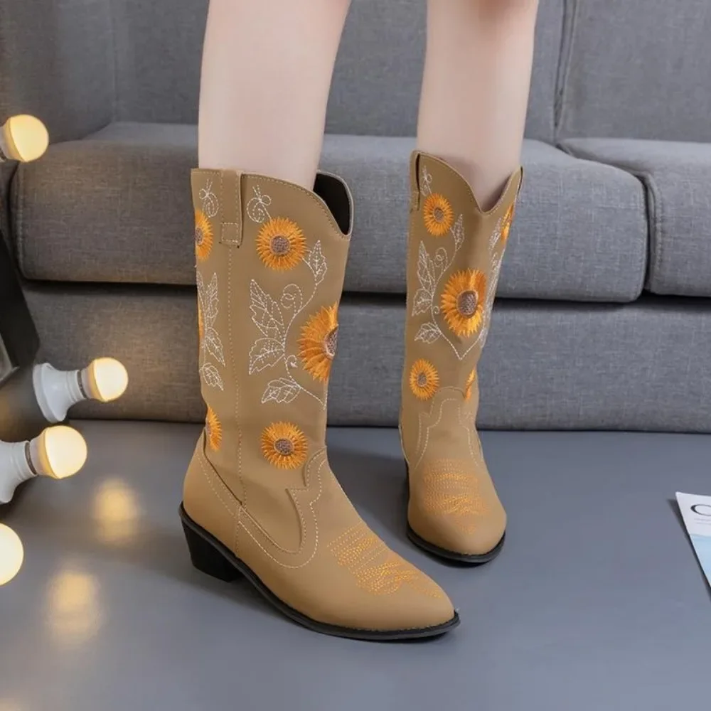 New Women Coffee Brown Embroidery Boots PU Leather Printed Western Cowboy Boots Deep V-mouth High Tube Casual Boots Classic