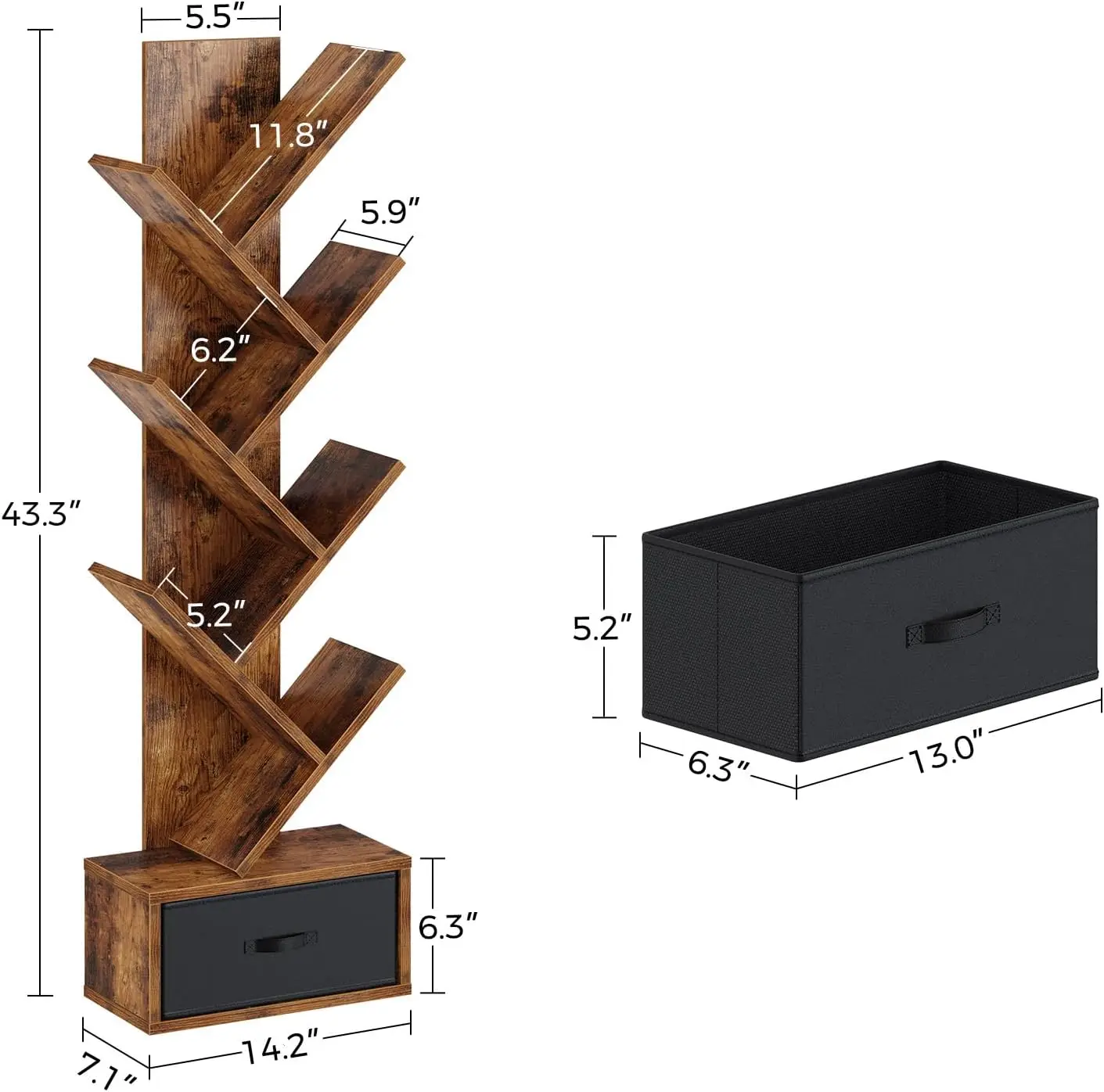 7-Tier Tree Bookshelf with Drawer, Tall Narrow Bookcase for Living Room Bedroom, Rustic Brown Storage Rack