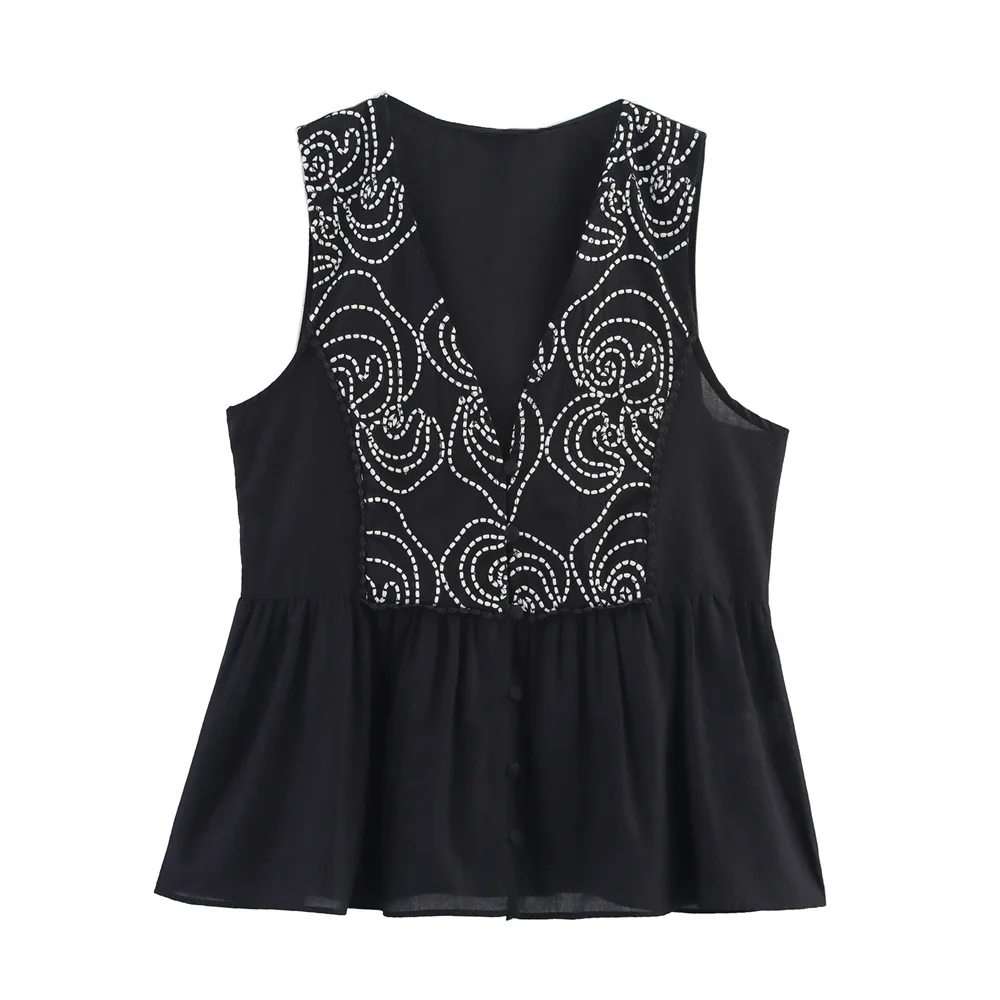 

BMURHMZA women's summer new simple slim fit lace embroidery V-neck sleeveless temperament versatile shirt