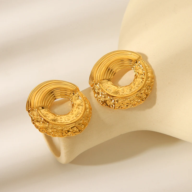 Loe |  Hammered Stainless Steel Round Earrings Women and Girl Trendy Statement Jewelry 18k Gold Waterproof New