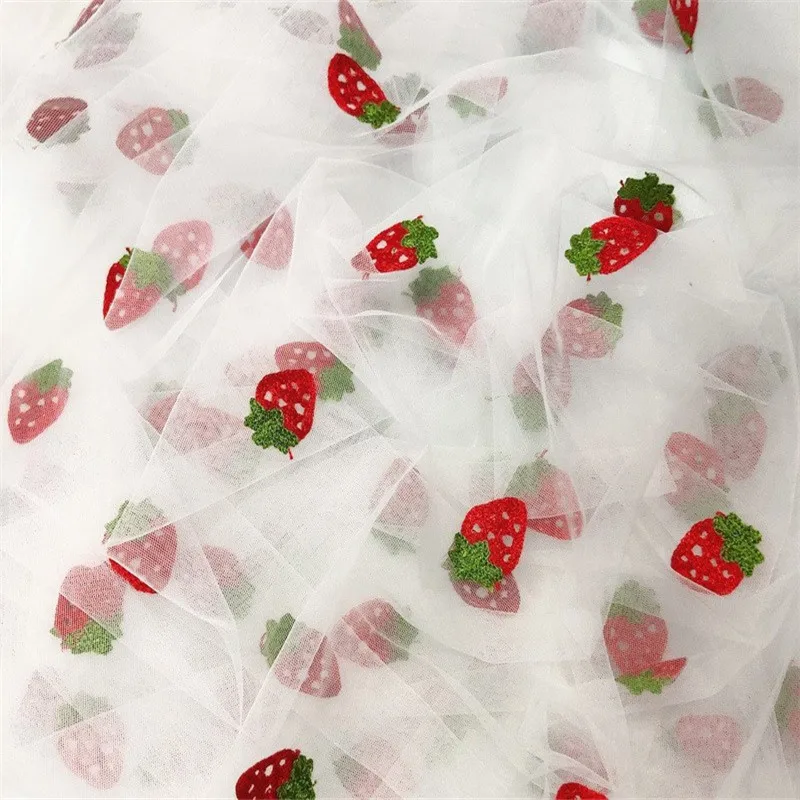 1 m Embroidered Strawberry Ms. Girls Tulle Dress Fabric Sewing Skirt Fluffy Princess Skirt Wedding Party Baby Shower Decorations