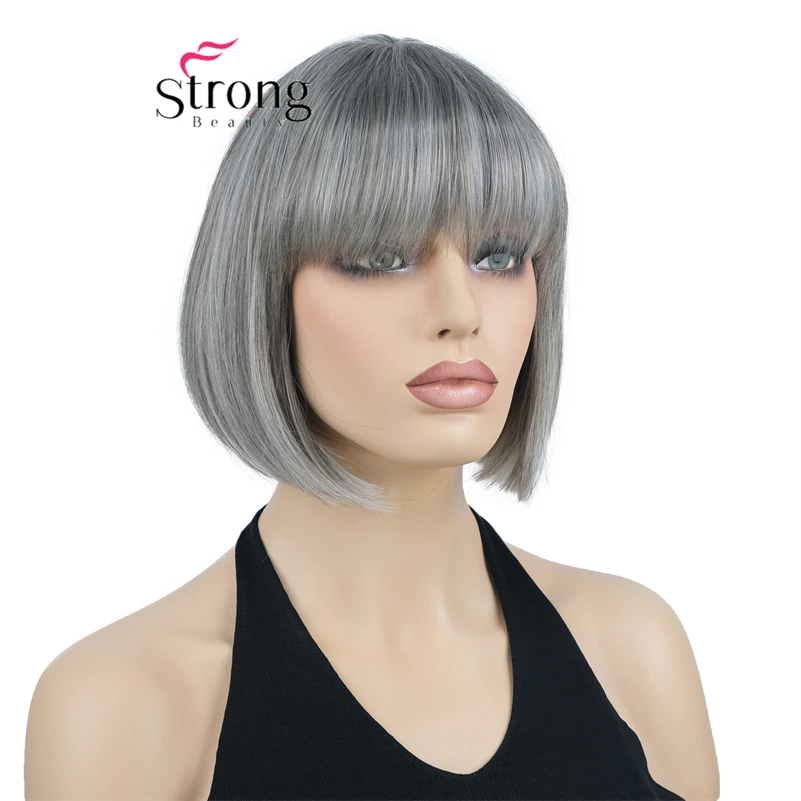 Strongbeauty Short Bob Wig for Women Straight Synthetic Wig with Bangs Grey mix Full Synthetic Wig Hair Piece
