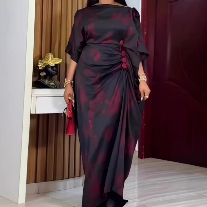 African Bubu Women Dress Elegant Printed Draped Design with Color Block Button Detail Maxi Dresses Wedding Church Evening Wear