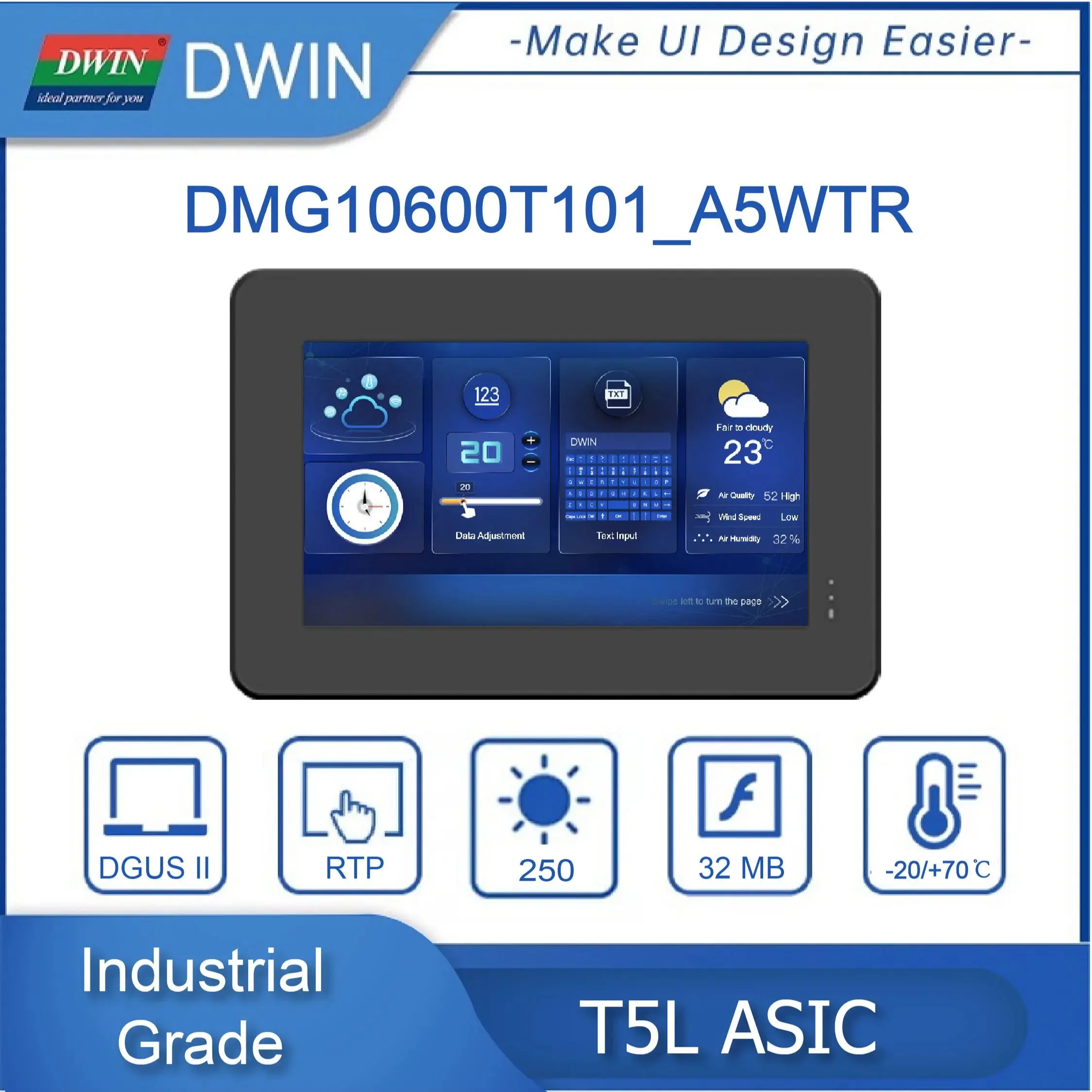 DWIN DGUS II/TA 1024*600 Pixels UART LCM 10.1 Inch HMI Monitor Touch Screen Modbus IPS-TFT-LCD DMG10600T101-A5W Industrial Grade