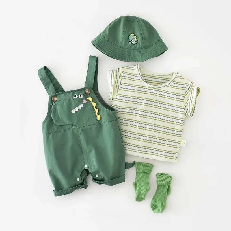 

Baby Girl Boy Summer Set Cartoon Dinosaur Strap Overalls+Striped Children's Short Sleeves Pullover T-shirt Two Piece Suit
