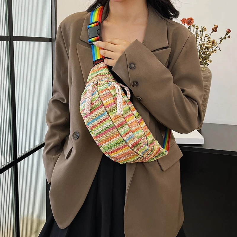 Fashion trended straw bag women chest bags colored wasit bags summer beach handbags large capacity purse female chest fanny pack