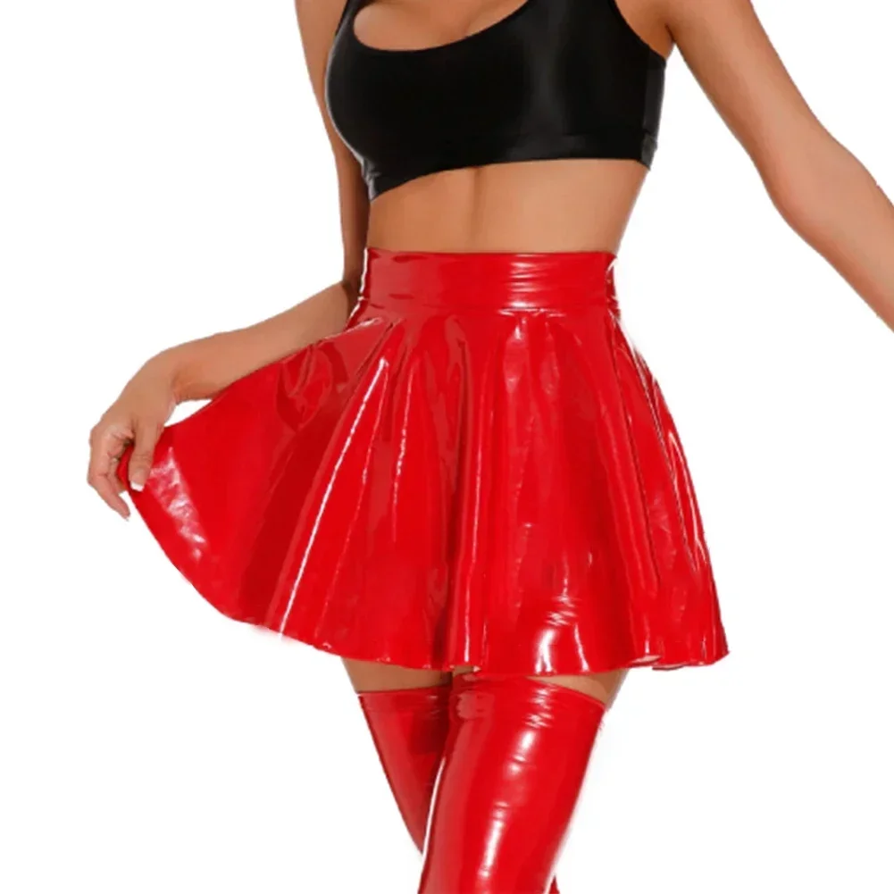 Dames Rok Natte Look Pvc Lederen Geplooide Rok Sexy Bodycon Korte Rok Voor Dance Party Clubkleding Hoge Taille Club Lingerie Rood