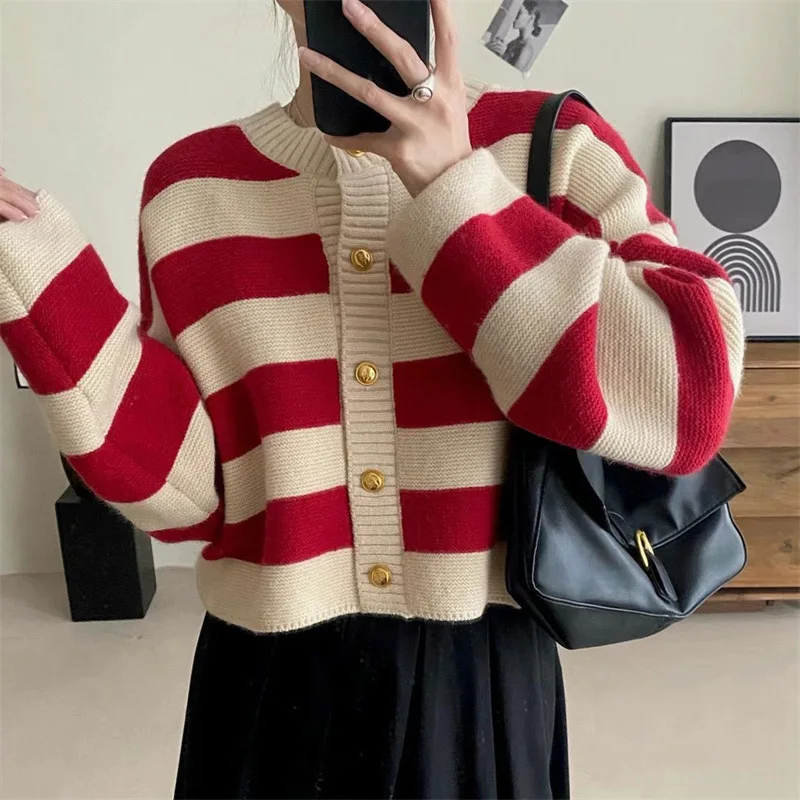

O Neck Jumpers Button Spliced Casual Regular Knitted Casual 2025 Autumn Women Striped Sweater Single Breasted Cardigan