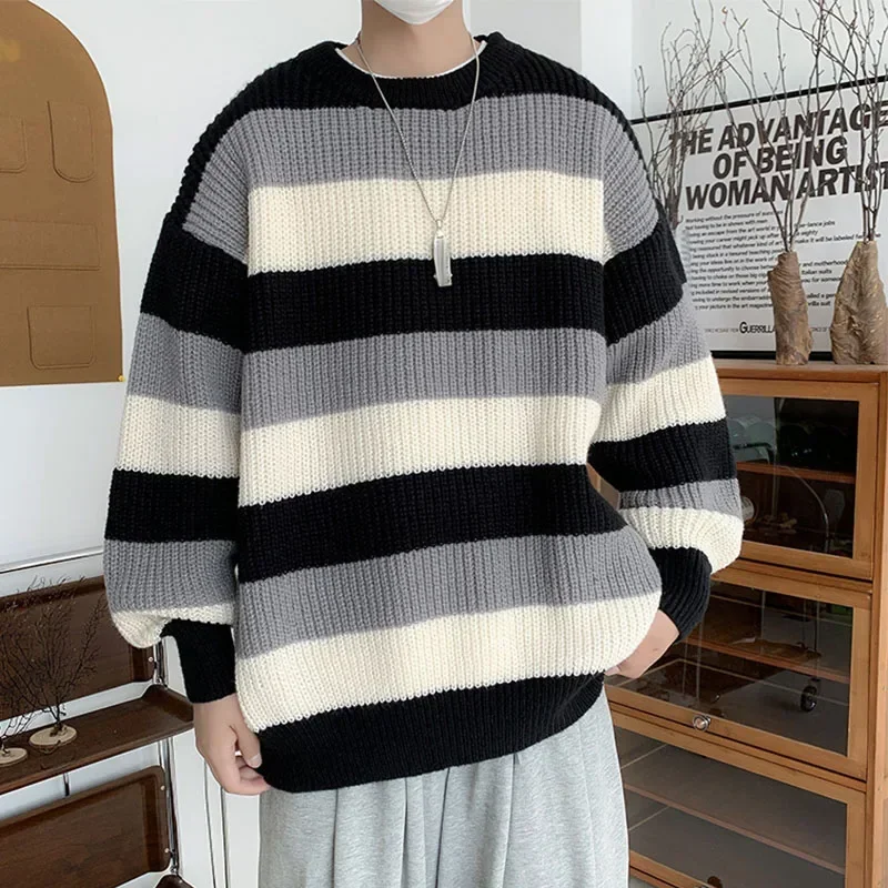 Мужские полосатые свитера с круглым вырезом, вязаные пуловеры, осень-зима 2021, свободные теплые винтажные трикотажные изделия для пар, мягкие топы с длинными рукавами