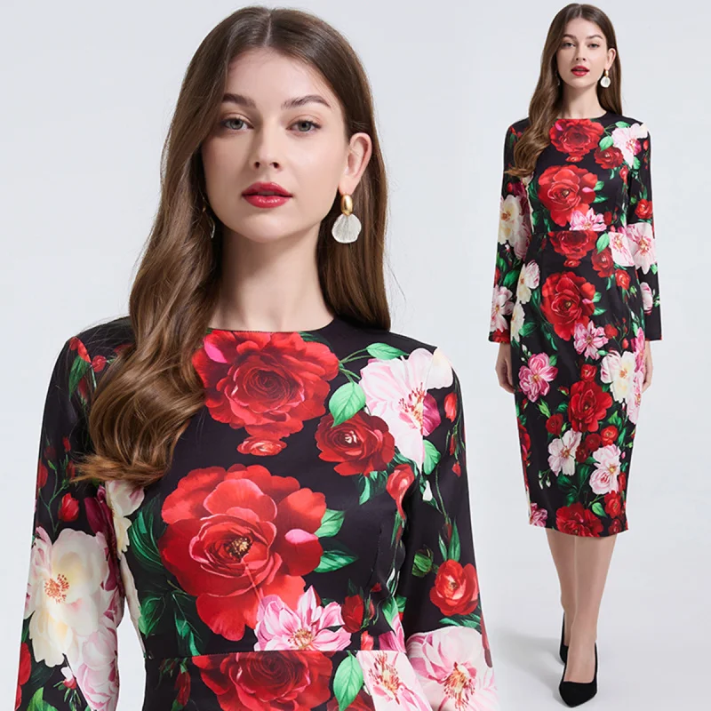 Real Shot European and American Style Positioning Strip Rose Big Flower Slim Sheath Dress High Waist round Neck Long Sleeve Skir