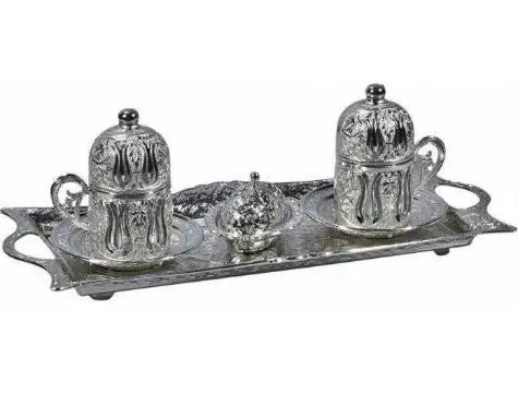 Ottoman Motif 2'li Turkish coffee Set-Silver