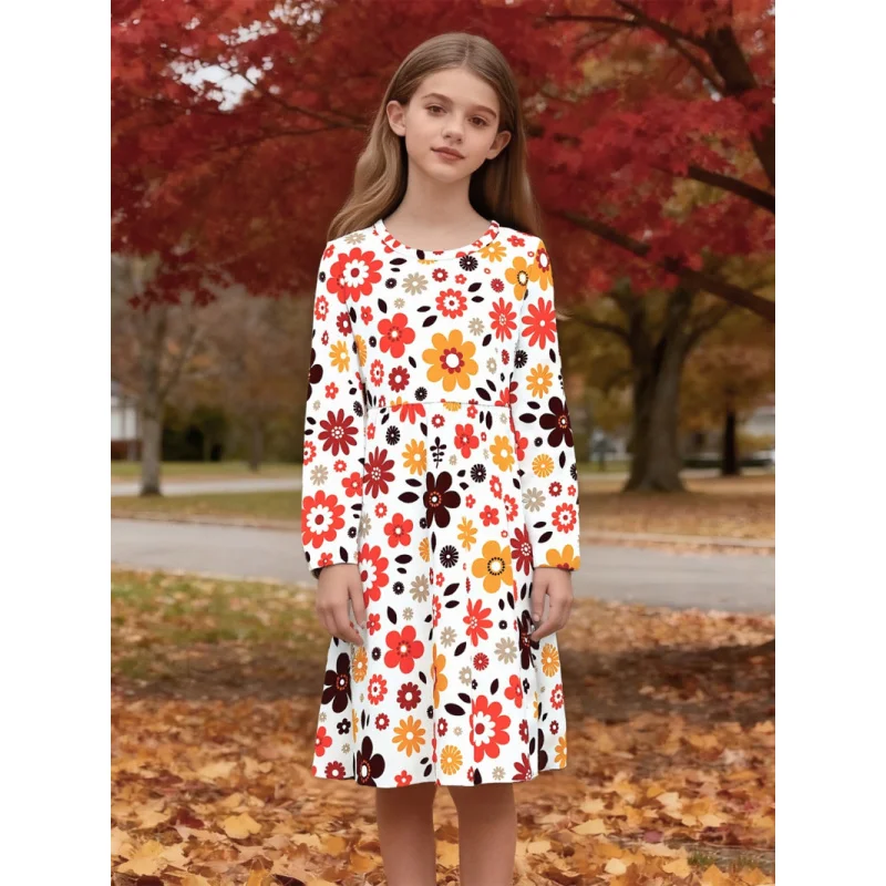 فستان بناتي عتيق بأكمام طويلة مزين بالزهور للخريف فستان بنمط عتيق مطبوع ملون للفتيات