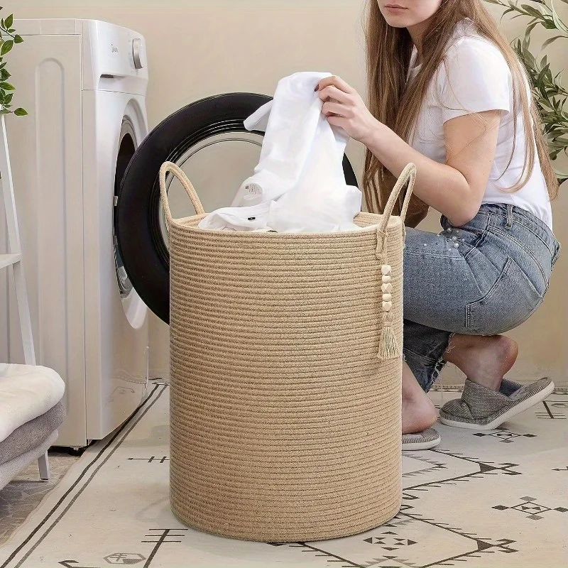 Large Capacity Braided Rope Storage Bin Versatile Organizer Laundry Room Or Living Area Sturdy Handle Resilient Weaving Baskets