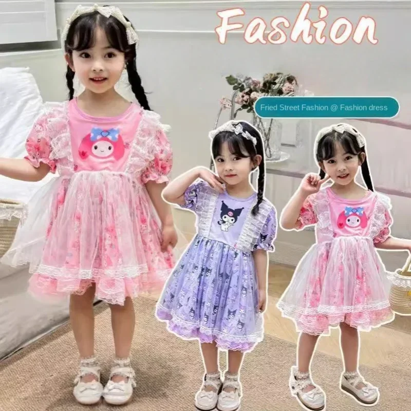 

Sanrio Girl Lolita Princess Dress Suit Kuromi My Melody Autumn Fashion Kawaii Children Short Sleeve Dress Baby Puffy Skirt Gift