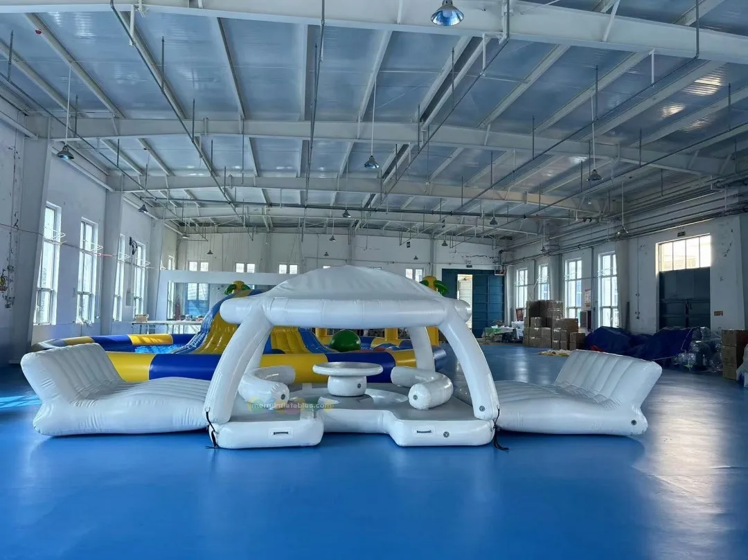 

Water Platform Island Aqua Leisure Floating Dock with Lounge Sofa Bar Yacht Dock pool Bar Aqua Park water Bar Banas