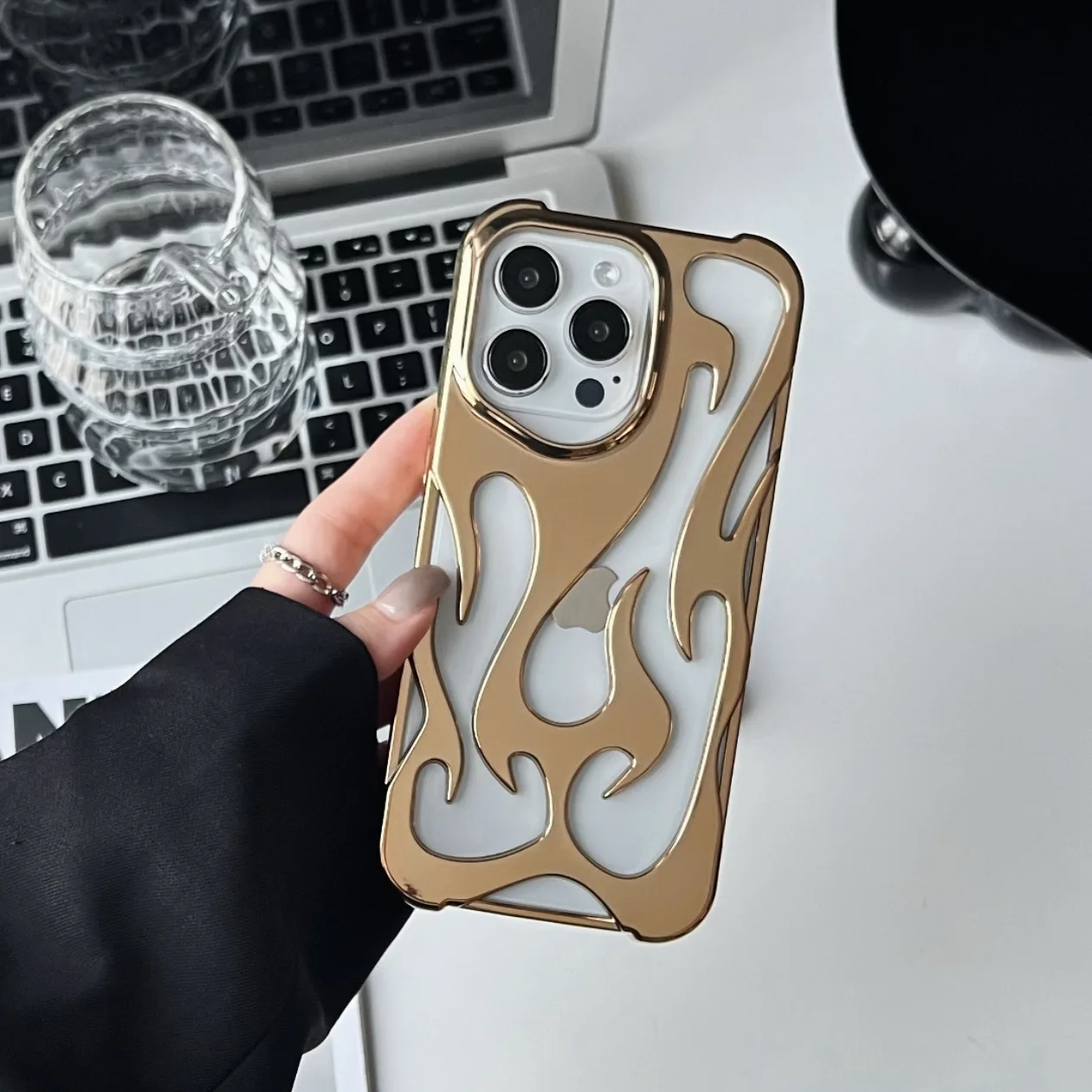 Electroplated hollow flame pattern shell suitable for iPhone 16Pro heat dissipation case, four corner anti drop protective cover