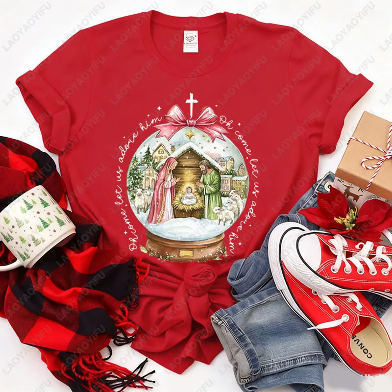 Oh Come Let Us Adore Him Printing Shirt Nativity Scene Snow Globe Xmas Tee Jesus Christmas Oh Holy Night Hand Drawn Cotton Tops