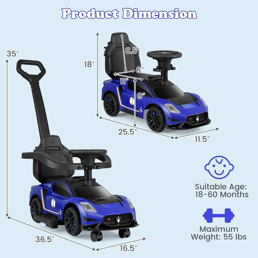 幼児用3in1プッシュカー、ライセンス取得済みマセラティベビーカー、プッシュハンドル、ホーン、音楽、収納付きのスライド式歩行車