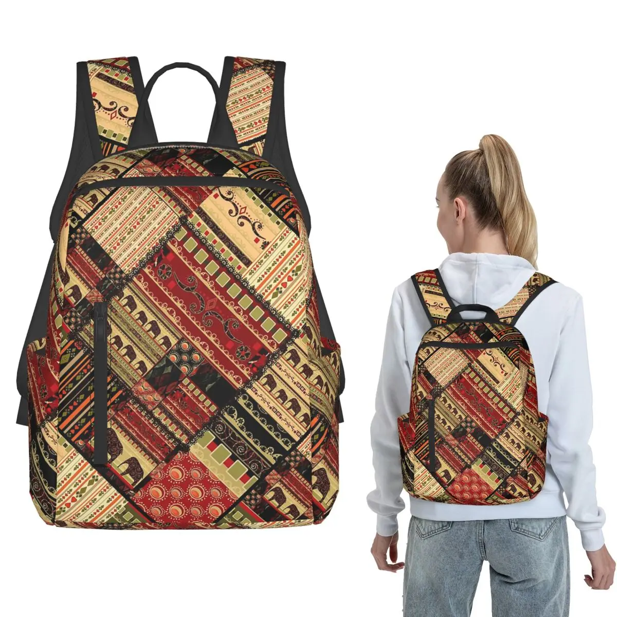 

African Colorful Red Brown Patchwork Backpack Daypack Boys Girls BookBag School Bag Shoulder Bags for Men Women