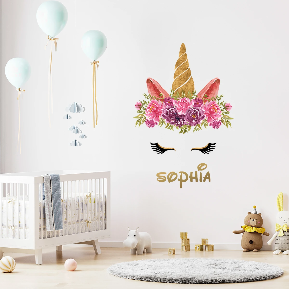 1 x anpassbarer Einhorn-Vinyl-Wandaufkleber mit Krone und Namen, Cartoon-Aufkleber für Babyzimmer-Dekoration, Geburtstagsgeschenk-Tapete