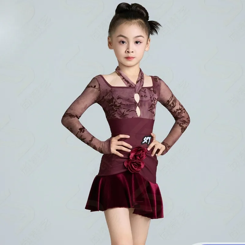 

Latin dance dress for girls long-sleeved practice dress 2026 winter high-end professional new competition and performance set