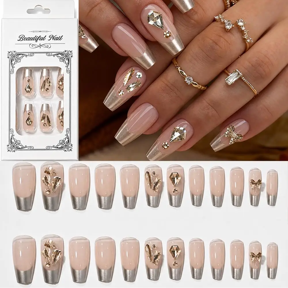 24 Uñas Postizas Francesas Largas con Forma de Ataúd, Decoración 3D con Pedrería Dorada Champagne, Uñas Falsas Hechas a Mano, Uñas Postizas de Lujo para Banquetes, Puntas de Dedos Falsas TD