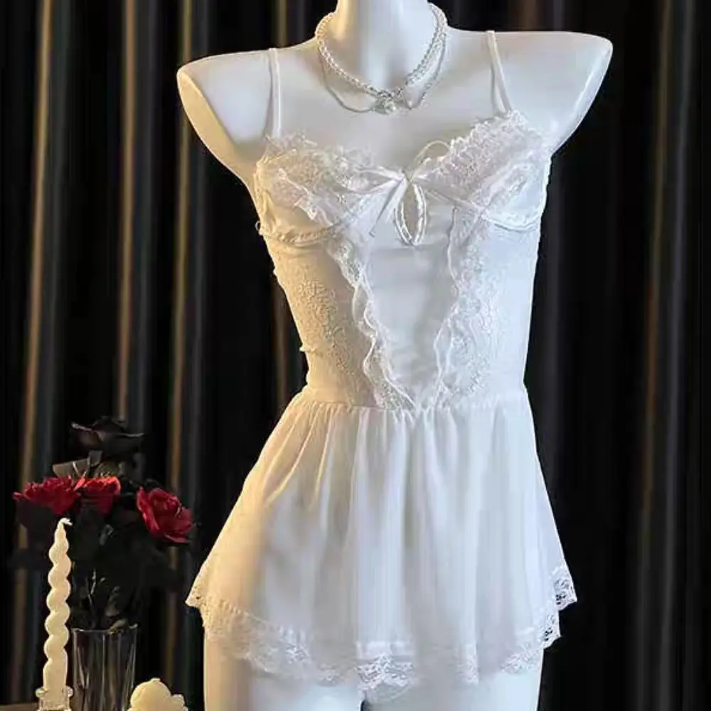 

Pajamas Bowknot Lace Nightgown Transparent Hollow Sling Nightwear Women Lingerie Sweet Lace Mesh Nightdress Home