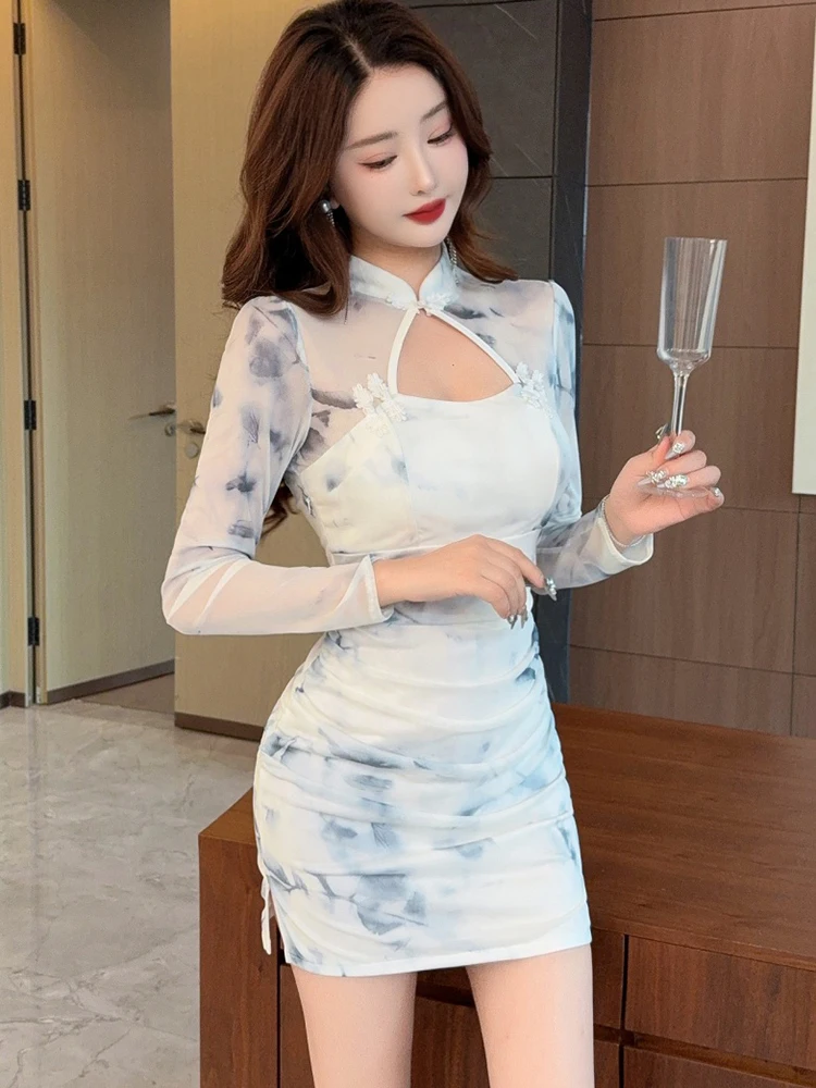 가을 겨울 핑크 플로럴 메쉬 패치워크 시스루 섹시 미니 드레스 여성 우아한 캐주얼 휴가 드레스 2025 한국 바디콘 프롬 드레스