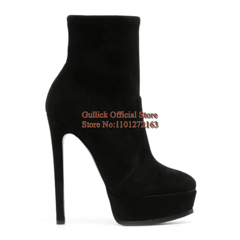 الحديثة الأسود الجلد المدبوغ القماش منصة الكعوب حذاء من الجلد جولة تو الانزلاق على سترتش خنجر الكعوب النساء فستان أحذية حجم 45