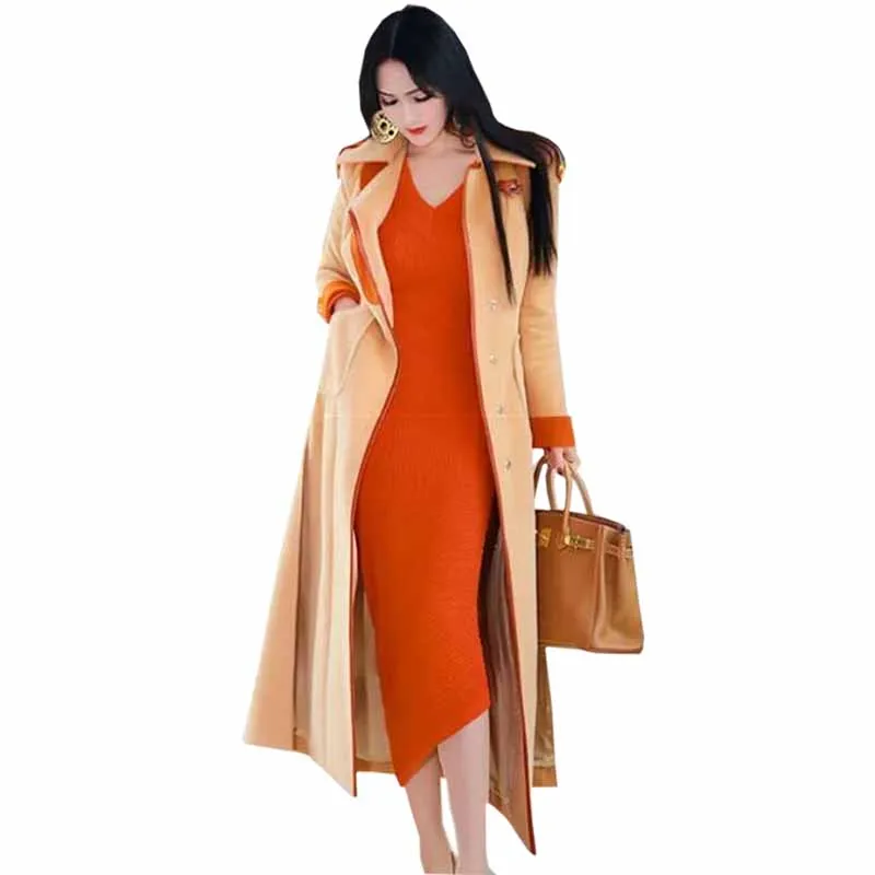 X-Long Woolen Cloth Coat Women Autumn Winter Plus Cotton Thicken Outwear Splice Hem Both Sides Split Wool Blends Jackets KW320