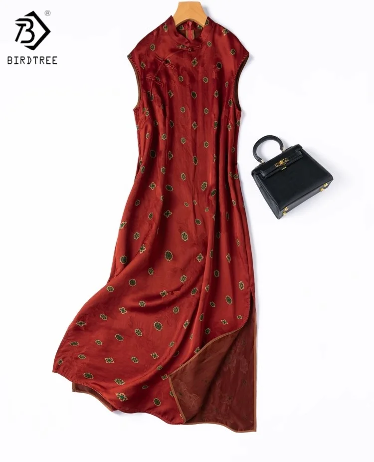

Birdtree женское платье из 100% шелка 24 мм, жаккардовый атласный принт с воротником-стойкой, длинное стильное облегающее платье Cheongsam D55723JF