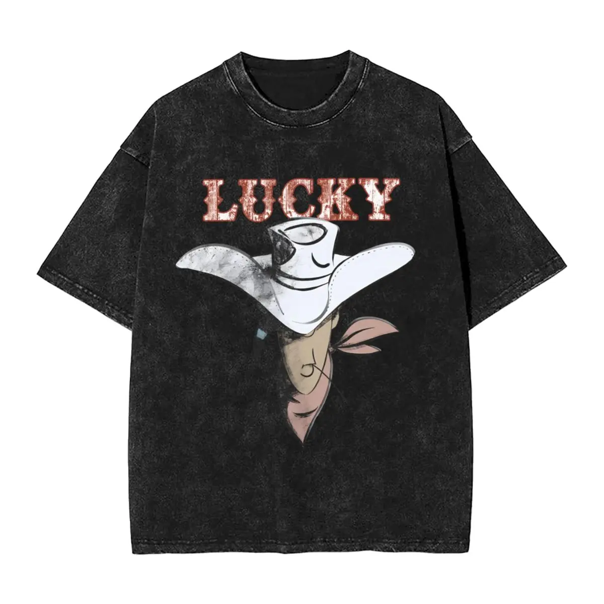 Lucky luke mulher masculina algodão lavado quente carimbo impressão camiseta, harajuku algodão camiseta masculina verão manga curta