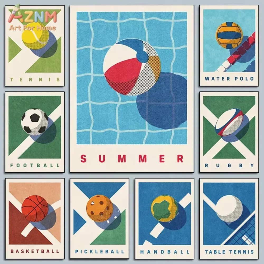 

1 шт. Забавные спортивные мячи, постеры для летних игр, принты с регби и баскетболом, спортивные картины на холсте для детской комнаты, настенные изображения для спальни мальчиков