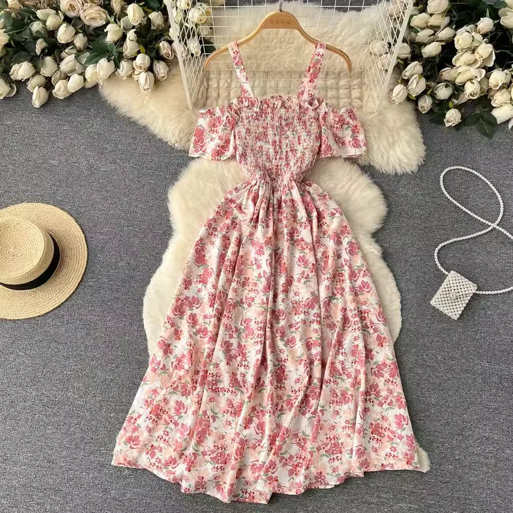 YuooMuoo Romantic Floral Print Long Summer Dress Women Fashion Off Shoulders Straps Vacation Beach Dress Korean Party Vestidos