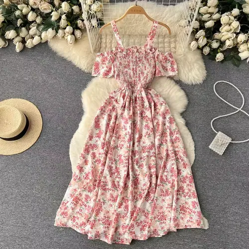 Imagen 2 del producto YuooMuoo-Vestido largo romántico con estampado Floral para mujer, vestido de verano a la moda con tirantes y hombros descubiertos, Vestido de playa para vacaciones, Vestidos de fiesta coreanos