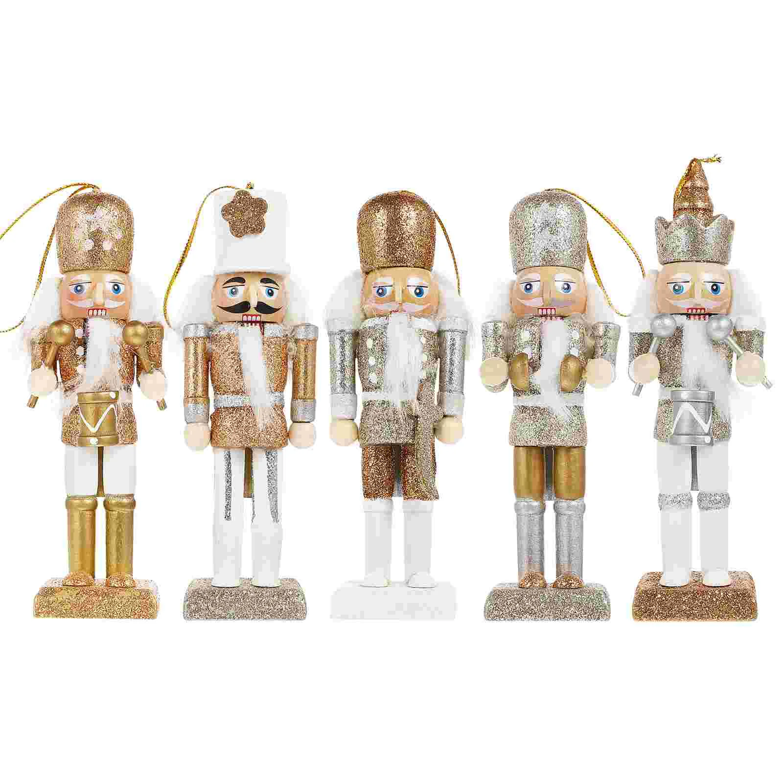 5-teilige Weihnachts-Nussknacker-Geschenke, Minifiguren, Soldaten, Gold und Silber, traditionelle kleine Holzspielzeug-Ornamente