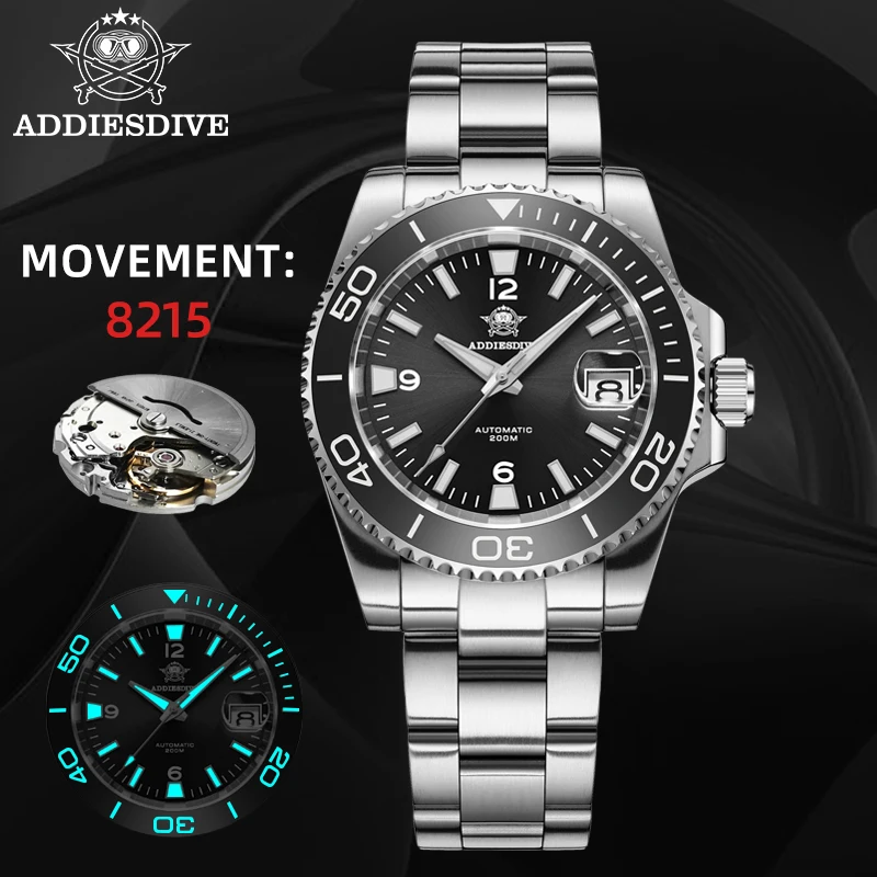 ADDIESDIVE Automatic 8215 Mechanical Watch Luxury Sapphire 200m  Ceramic Bezel Stainless Steel Luminous Men's Sports Watches