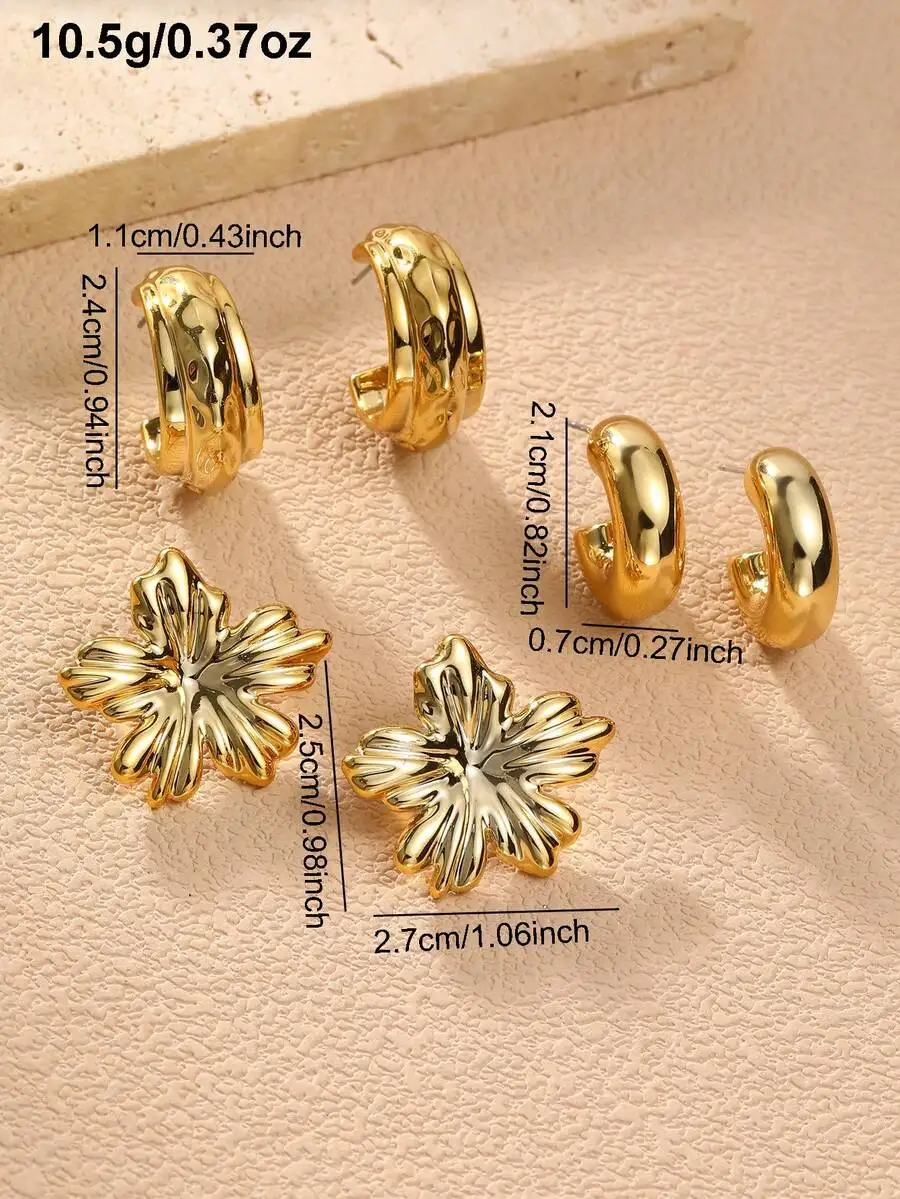 3/9 Paar Set Anmutige C-förmige Ohrringe aus Metall mit Blumenmuster – Schickes Accessoire für den Alltag, Verabredungen und Partys. – Detail 8