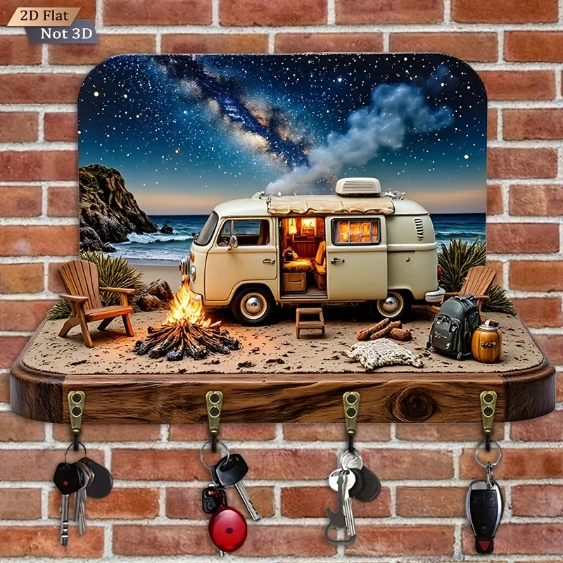 2D Flat. 1pc. Milky Way Camper Van Key Hook - Wooden Multi-functional Decorative Key Rack, with Four Metal Hooks, Wall Decor,