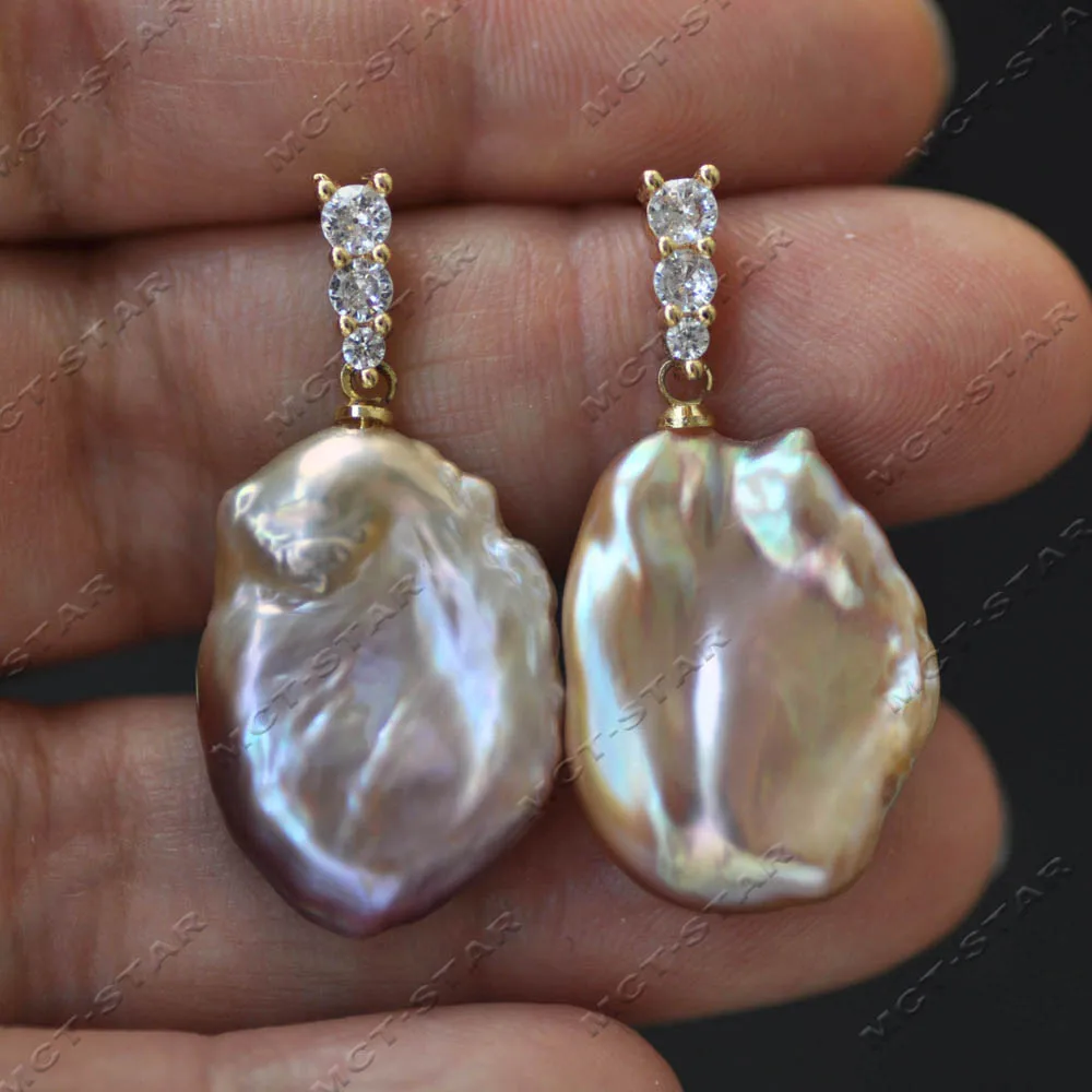 

MTC·STAR High-quality 23mm Pink Lavender Baroque Lamina Keshi Pearl CZ Bead Dangle Earring (Z14551)